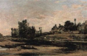 Figures By A River Before A Town