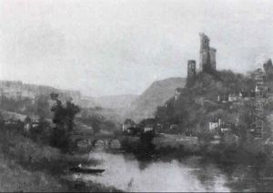 Fluslandschaft Mit Einer Burg Auf Der Bergeskuppe