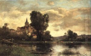 Figure In A Punt On A River With View Of Village Beyond by Maurice Levis