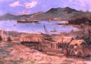 French Ship At Anchor Before A Native Village by Maurice Levis
