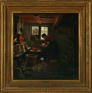 Kitchen Interior With Man Watching The Girl Through The Window by Brigitte Levison