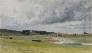 Blick Uber Eine Ebene Mit Spiegelndem Gewasser Auf Hugelzug Mit Kirchlein by Isaak Ilyich Levitan