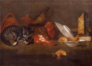 Interno Di Cucina Con Gatto, Stoviglie, Bacile Di Rame E Sporta Di Canna by Nicola Levoli