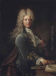 Portrait Of A Gentleman, In A Blue Velvet Jacket With Gold Frogging And A Purple Mantle, Gesturing Towards A Book On A Marble Table by Robert Levrac-Tournieres