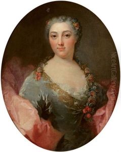 Portrait De Femme En Flore Dans Une Robe Bleue A Broderies A Fils D'or A Son Bustier, Dans Un Grand Drape Rose by Robert Levrac-Tournieres