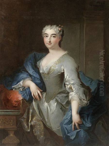 Portrait Of A Lady, Three-quarter-length, In A Blue Silk Dress And A Floral Headdress, Standing Beside A Table - view 1