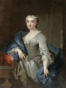 Portrait Of A Lady, Three-quarter-length, In A Blue Silk Dress And A Floral Headdress, Standing Beside A Table