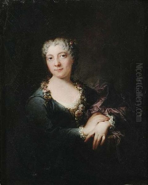 Bildnis Einer Dame Im Blauen Kleid, Um Ihren Hals Hat Sie Eine Blumengirlande Gelegt, Ihren Linken Arm Bedeckt Ein Lila Tuch - view 1