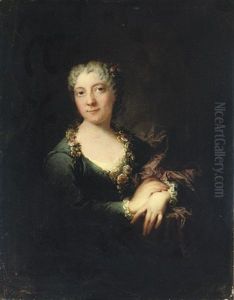 Portrait Of A Lady, In A Blue Dress With A Purple Wrap, Wearing Flowers Around Her Neck Portrait Of A Lady, In A Blue Dress With A Purple Wrap, Wearing Flowers Around Her Neck
