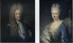 Portrait D'un Homme De Qualite Arborant Le Cordon Bleu Et La Plaque De L'ordre Du Saint-esprit (+ Portrait De Femme De Qualite, En Robe Bleue, Le Sein Droit Decouvert, Des Fleurettes Dans Les Cheveux; by Robert Levrac-Tournieres