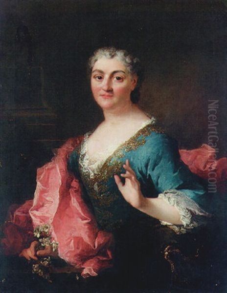 Portrait Of A Lady In A Gold-embroidered Blue Dress With A Scarlet Mantle, Before A Pillar, A Sprig Of Orange Blossom In Her Right Hand - view 1