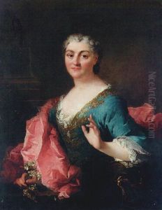 Portrait Of A Lady In A Gold-embroidered Blue Dress With A Scarlet Mantle, Before A Pillar, A Sprig Of Orange Blossom In Her Right Hand