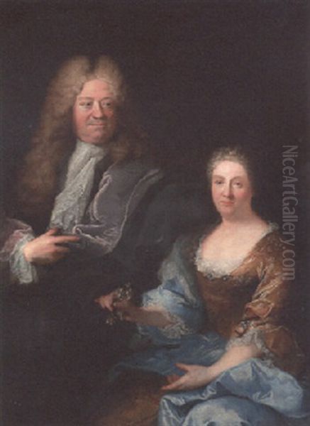 Double Portrait Of A Nobleman, Three Quarter Length, In Robes And His Wife, Seated Half Length, In A Dress - view 1