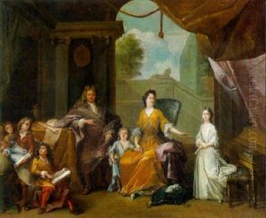 Portrait Of A Gentleman, His Wife And Five Children In A Palatial Interior by Robert Levrac-Tournieres