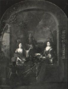 Two Ladies Taking Tea At A Draped, Arched Casement