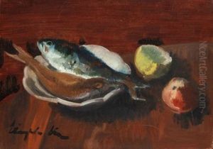 Nature Morte Aux Poissons, Pomme Et Citron ( + Paysage, Study; Verso) by Alphonse Levy