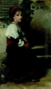 Portrait Of A Young Girl, Seated By A Wall