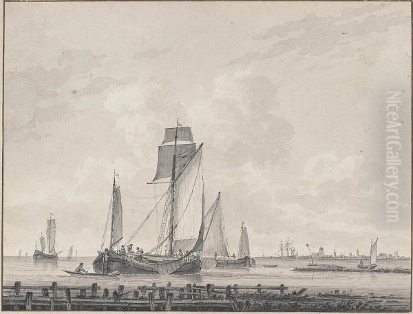 Fishing Vessels Near The Shore, A Village In The Distance - view 1