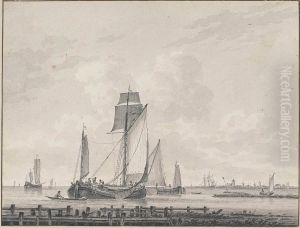 Fishing Vessels Near The Shore, A Village In The Distance by Carel Frederick Bendorp I