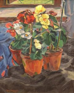 Stilleben Mit Blumentopfen Vor Dem Fenster by Heinz Lewerenz