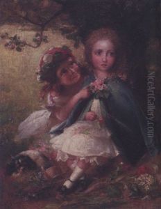Two Young Girls With Their King Charles Spaniel by Charles James Lewis