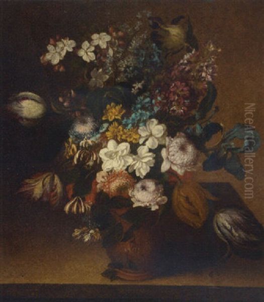 Tulips, Carnations, Narcissi And Others Flowers In A Vase On A Ledge - view 1