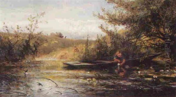 A Young Girl Picking Lilies From A Punt - view 1