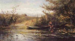 A Young Girl Picking Lilies From A Punt