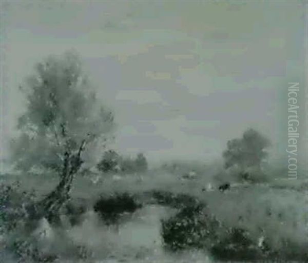 Cattle Watering In A Meadow, Harvesters Beyond - view 1