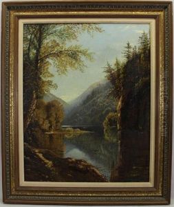 Painting Of A Tranquil Mountain Lake Landscape
