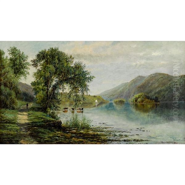 Summer Landscape With Lake And Cows - view 1