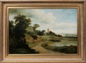 Coastal Landscape With A Home And Watchtower And A Woman Walking On A Winding Road