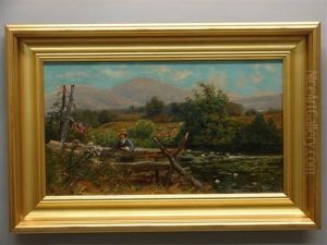 Landscape With Girl Leaning On Split Rail Fence Next To Pond, Flowers In Bloom