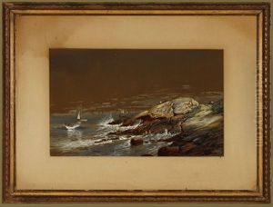 Boats And Figures In A Rocky Coastal View by Edmund Darch Lewis