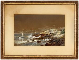 Boats And Figures In A Rocky Coastal View by Edmund Darch Lewis