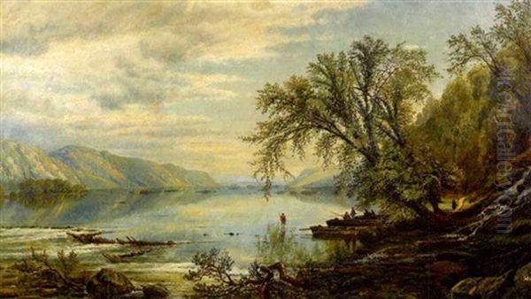 Mountainous Landscape With Lake And Fishermen - view 1