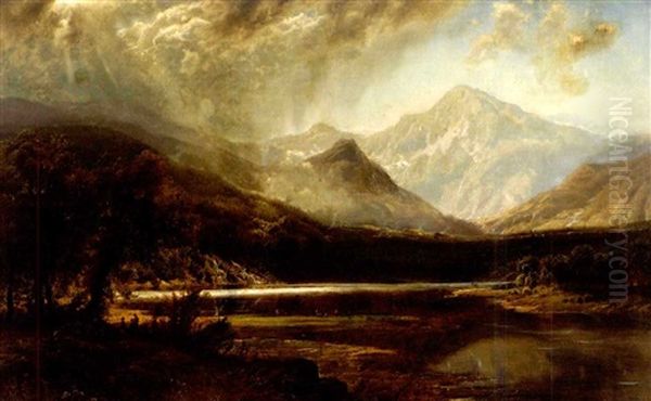 Mountainous Western Landscape With Figures On A Road And Cows Grazing In A Valley - view 1