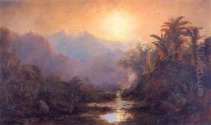 Waterfall In A Tropical Landscape, Sunset by Edmund Darch Lewis