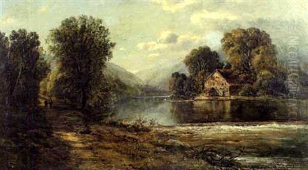 Panoramic Landscape Of Mountains And River, With Figures And House - view 1