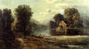 Panoramic Landscape Of Mountains And River, With Figures And House by Edmund Darch Lewis