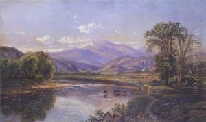 Gathering Hay In An Extensive Landscape, Cattle Watering In A River In The Foreground