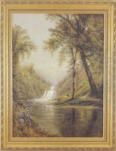 Landscape Of Cows Beside A Tree Lined Rushing Waterfall And River by Edmund Darch Lewis