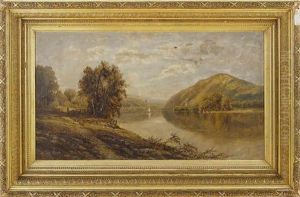 Landscape Depicting A River With Sailboat Surrounded By Trees, Mountains And Figure In The Foreground
