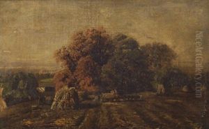 Harvest Landscape With A Wagon Team, People, And Haystacks by Edmund Darch Lewis