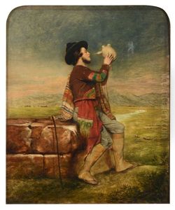 Spanish Shepherd Resting On A Wall, Drinking From A Jug Spanish Shepherd Resting On A Wall, Drinking From A Jug