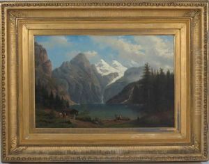 Landscape With People By Mountain Lake