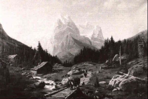 Alpine Scene With Figures And Animals - view 1