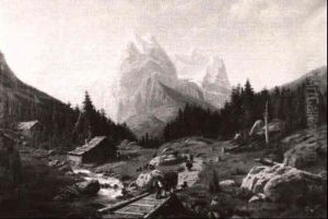 Alpine Scene With Figures And Animals