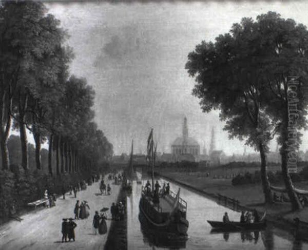 Townsfolk Promenading On A Towpath Outside Dordrecht - view 1