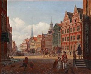 Historical Scenery From Amagertorv In Copenhagen by Hans Christian Ley